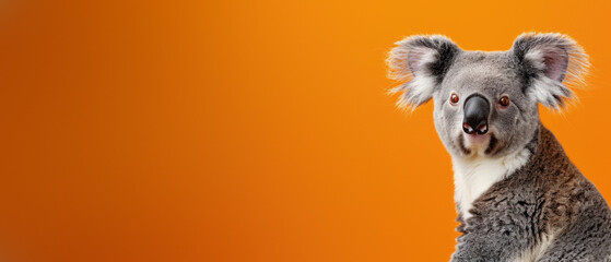 Captivating image of a koala with a curious expression posed against a striking orange background...