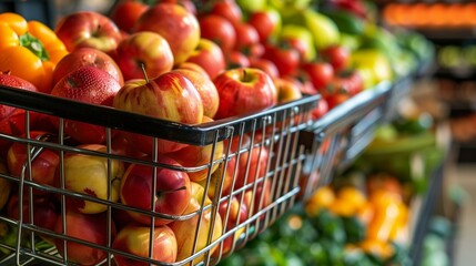 Ethical consumption concept, shopping basket full of fresh fruits and vegetables, ripe vegetarian food apple agriculture choice