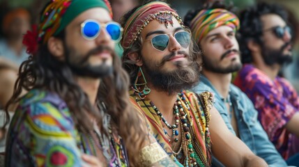 Fototapeta premium Counterculture concept, hippies at festival, celebration multi-ethnic group music festival hippie traditional clothing