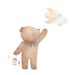 Cute teddy bear, lantern, moon, clouds. Decor for a children's room. Watercolor illustration. Can be used for cards, invitations, baby shower, posters. Vintage. - 786138557