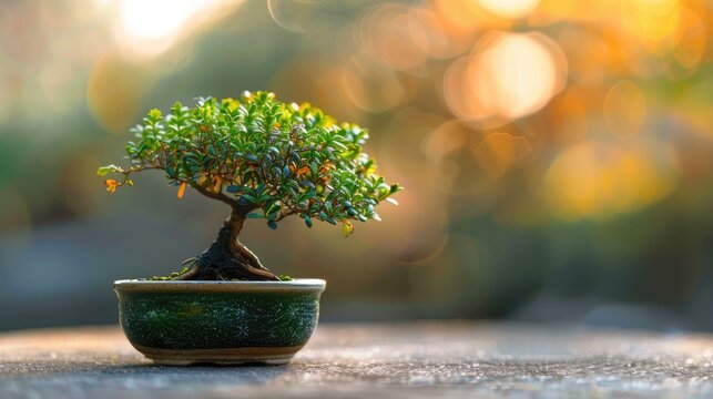 Attractive miniature Serissa bonsai in ceramic pot ideal for creating a natural and refreshing background or wallpaper