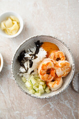 Homemade sushi bowl with shrimps