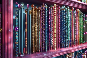 A row of colorful wands are displayed on a pink stand