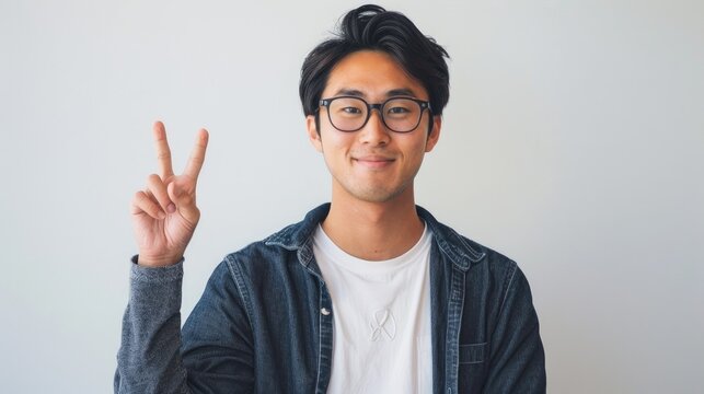 Asian male showing peace sign on a white backdrop