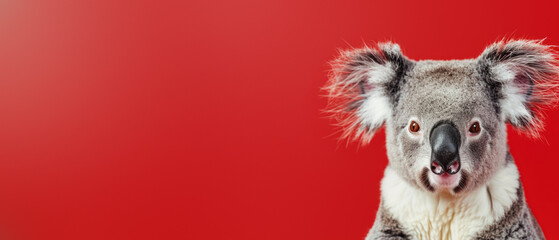 This koala's surprised expression is the focal point in an image of red background showcasing emotion