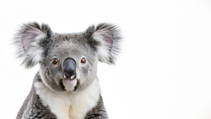 This beautifully captured portrait of a koala shows its expressive eyes and face in stunning detail against a crisp white background