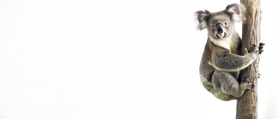 Obraz premium Detailed image showcasing a koala bear gripping a tree trunk, highlighting its natural behavior and textured coat