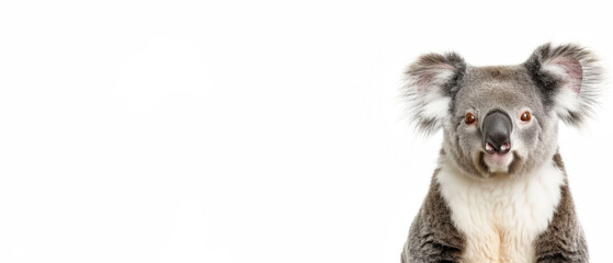 Obraz premium Captivating close-up of a koala bear with striking eyes and soft fur, isolated on a white backdrop emphasizing its features