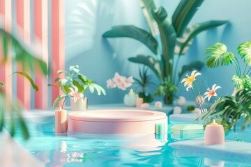 Fototapeta na wymiar A pink room with a blue pool and a pink bathroom