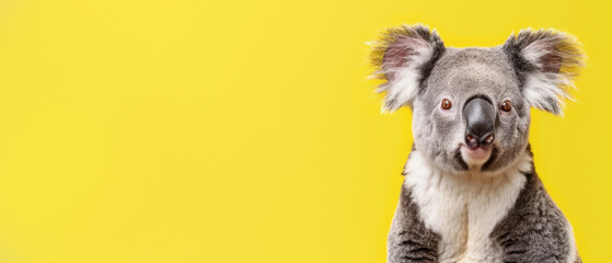 A stunning visual of a koala with deep, thoughtful eyes and a soft expression against a bold yellow background enhances its captivating presence