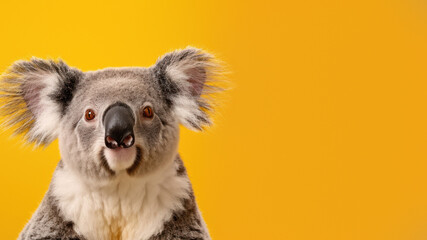 With an alert expression, this koala's image pops against the bright yellow background, captivating viewers