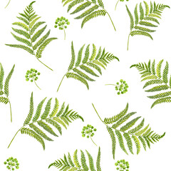 Watercolor seamless pattern with branches and leaves. Hand painted leaves on white background.