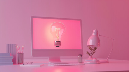 A computer monitor displays a glowing light bulb. The image has a futuristic and neon feel to it, with the light bulb being the main focus. The room is dimly lit - obrazy, fototapety, plakaty