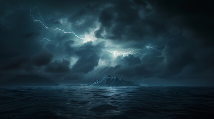 Dark stormy sky with lightning above ocean. 
