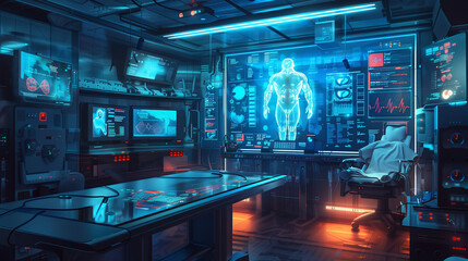 A futuristic room with a computer monitor displaying a skeleton and a man in a white suit. The room is filled with technology and has a futuristic feel to it - obrazy, fototapety, plakaty