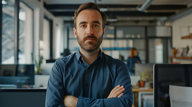 Portrait of confident businessman standing with arms crossed and looking at camera in office