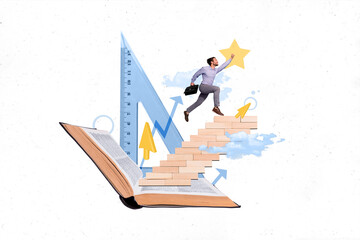 Creative drawing collage picture of funny man running stairs up reading book education skills...