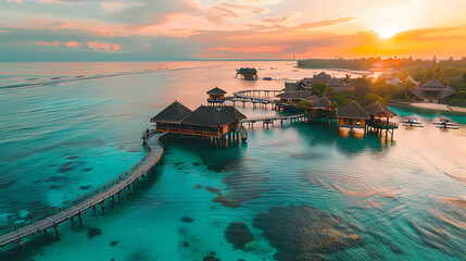 Beautiful sunset at Maldives island with wooden bridge and turquoise water - obrazy, fototapety, plakaty