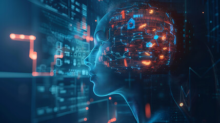 3d rendering of human head with circuit board and binary code background