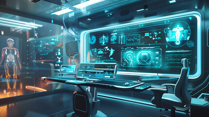 Obraz premium A futuristic room with a computer monitor displaying a skeleton and a man in a white suit. The room is filled with technology and has a futuristic feel to it