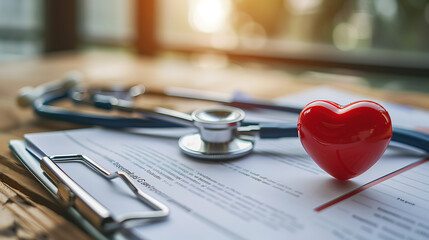 Stethoscope and red heart on wooden table. Health care and medical concept. - obrazy, fototapety, plakaty