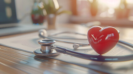 Stethoscope and red heart on a desk in a medical office - obrazy, fototapety, plakaty