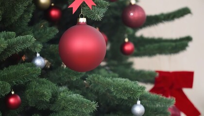 Closeup christmas tree and red ball hanging