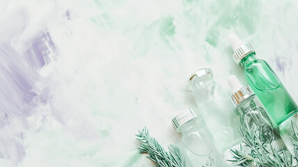 A set of bottles for cosmetics, perfumes and care products, background image in abstract watercolor style in mint tones