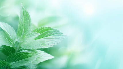 Mint leaves close-up, delicate green background postcard