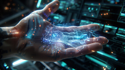 A hand holding a glowing object in front of a computer screen. Concept of wonder and fascination with technology and the possibilities it holds