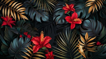 A tropical black leaf and red flower on dark background modern poster Beautiful botanical design with tropic jungle palms golden inscription.