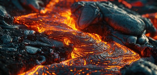 A close-up view of bubbling lava, with fiery red and orange hues blending into a dark, rocky texture. The molten lava appears to be flowing slowly, creating a mesmerizing yet dangerous scene. - obrazy, fototapety, plakaty