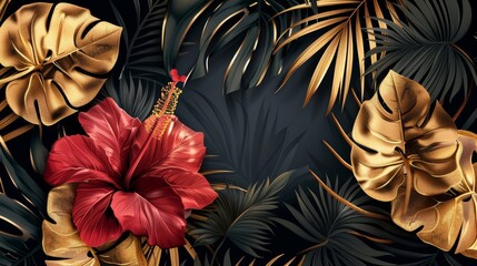 Modern poster with black and gold leaves on dark background A beautiful botanical design with golden tropic jungle palm leaves, exotic red flowers for wedding ceremonies, Christmas greeting cards.