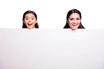 Close up photo beautiful two people brown haired mom little daughter face look out signboard poster...