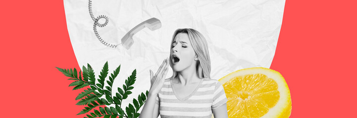 Composite collage picture of black white colors girl yawning telephone lemon plant isolated on...