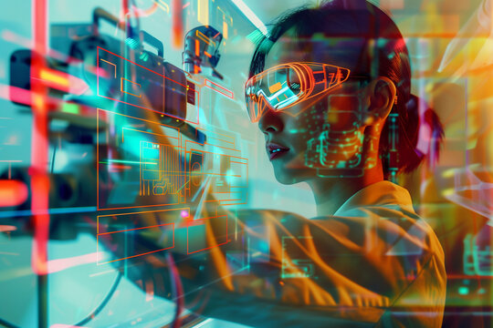 female engineer interacting with robotic automation, with vibrant lines and geometric shapes overlaying the image to emphasize the dynamic energy and innovation of her work, agains