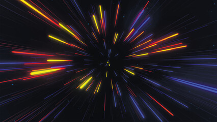 Abstract geometric background of radial lines. Aerial flight inside festive fireworks. Movement effect. Speed, fireworks, bright neon glow. 3D vector.