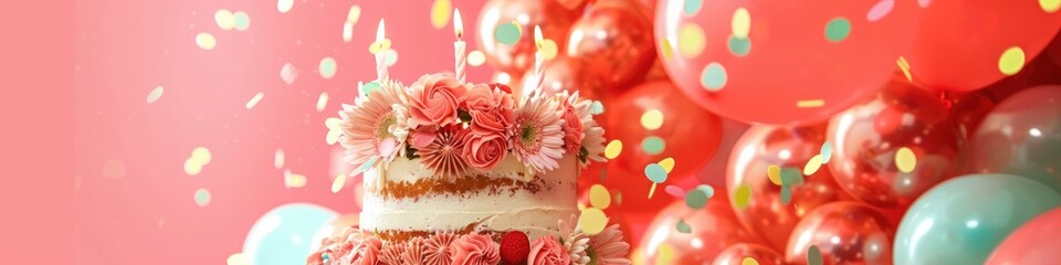 A close-up of a towering birthday cake adorned with cascading flowers and sparkling candles, surrounded by a festive display of balloons and confetti, against a cheerful coral backdrop.