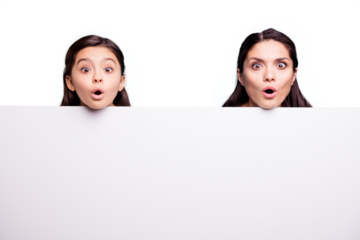 Close up photo beautiful two people brown haired mom little daughter scared look at signboard poster open mouth o shape figure oh no facial expression wearing t-shirts isolated bright blue background