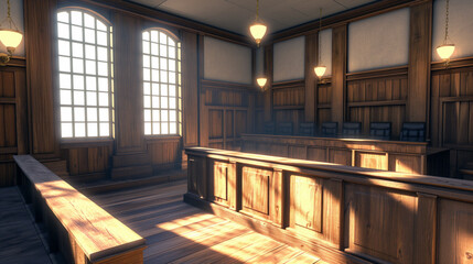 Sunlit empty courtroom interior with traditional wooden architecture and legal decorum. - obrazy, fototapety, plakaty