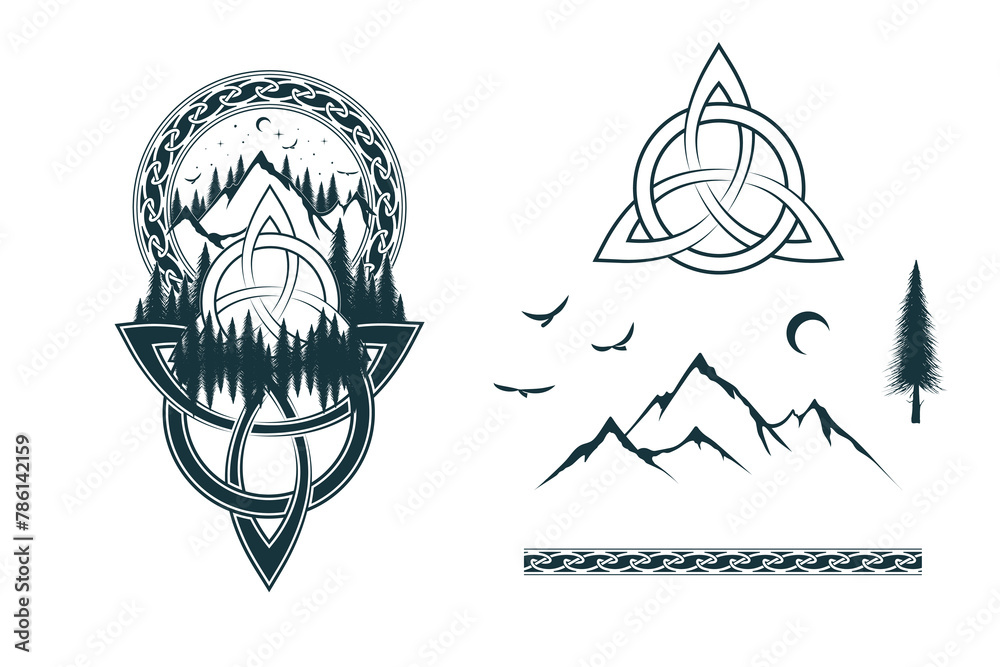 Wall mural viking symbol triquetra, mountain and celtic ornament isolated set. hand drawn vector design element