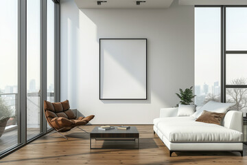 modernes Wohnzimmer, ein leerer Bilderrahmen in der Mitte der Hauptwand. - obrazy, fototapety, plakaty