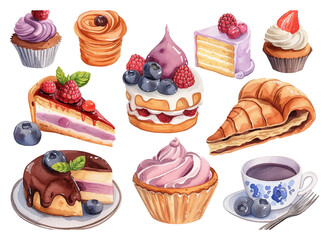 Watercolor cupcakes set vector with different type of cupcakes: strawberry, blueberry, chocolate. citrus, raspberry. Isolated use for different design of menu, advertisement, cafe etc