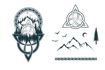 Viking symbol triquetra, mountain and celtic ornament isolated set. Hand drawn vector design elements for print, tattoo and web design