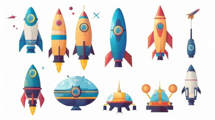 Isolated on white background are cartoon modern illustrations depicting spaceships and rocket or shuttle for exploring the universe, a cosmic base and elements of an alien settlement.