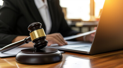 Lawyer working on a laptop with a gavel in the foreground, symbolizing online legal proceedings. - obrazy, fototapety, plakaty