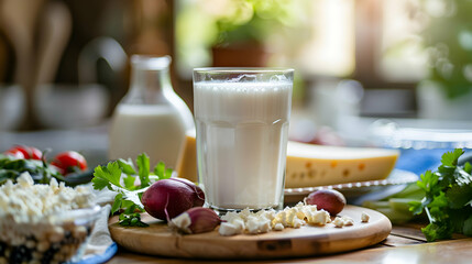 Assorted dairy products and fresh vegetables on a rustic wooden table.

