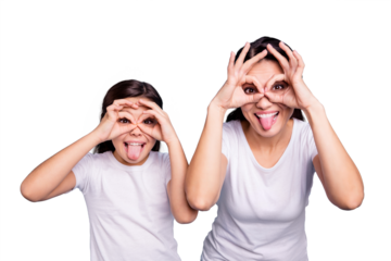 Close up photo beautiful two people brown haired mom little daughter best friends look through finger glasses specs okey symbol tongue out mouth wearing white t-shirts isolated bright blue background