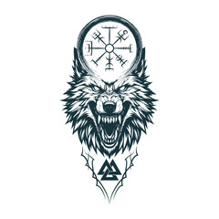 Viking symbols illustration isolated on white background. Scandinavian vector image of the Wolf head, valknut and vegvisir for tattoo and t-shirt design