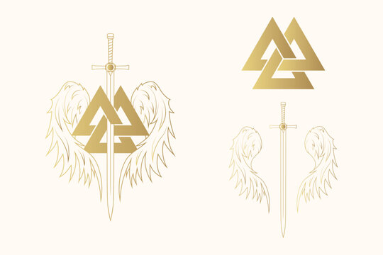 Golden celtic sword with wings and valknut. Image with Valkyrie  symbols. Scandinavian vector illustration for print, stickers and web design.